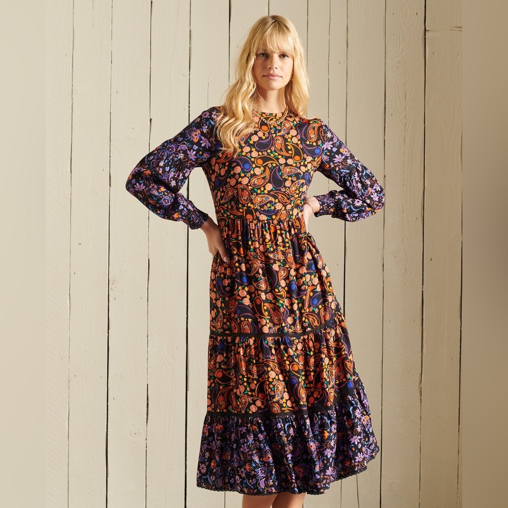 Superdry Woven Long Sleeve Paisley Print Dress NWT
